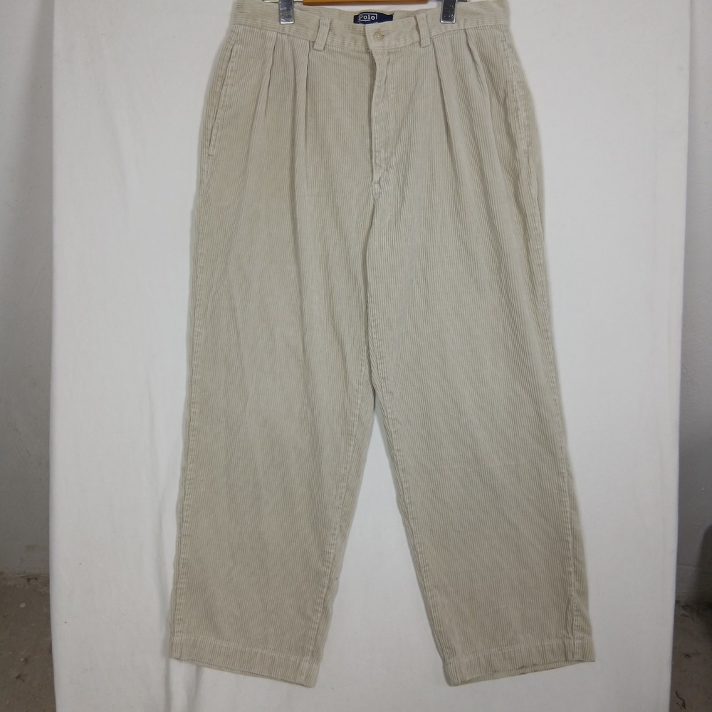 Polo Ralph Lauren Andrew Pant Mens 32x26 Cream Corduroy Pleated Trousers Beige